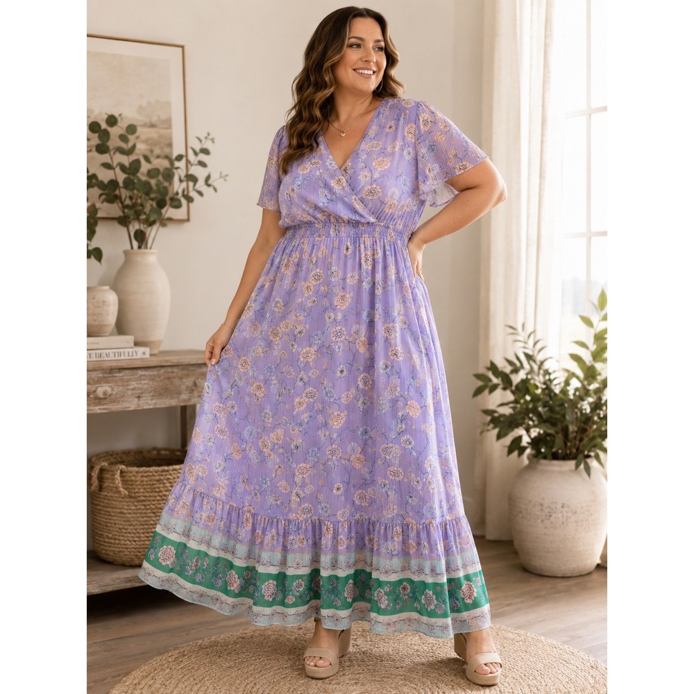LC Lauren Conrad Purple Floral Metallic Lurex Stripe Maxi Dress Womens Plus 1X